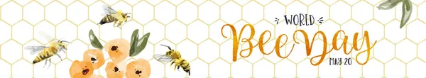 黄色の春の花の装飾と手描きバンブルビー群れの世界蜂の日のウェブバナーイラスト ミツバチの保護のための環境に優しい休日イベントデザイン — ストックベクタ