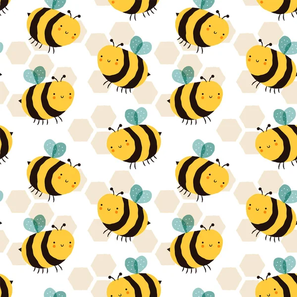 有趣的蜜蜂涂鸦漫画无缝图案插图与可爱的大黄蜂字符在孤立的蜂窝背景 幼小的手绘蜜蜂背景 — 图库矢量图片
