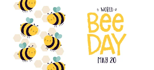 世界蜜蜂日网页横幅插图可爱的大黄蜂群在滑稽的手绘儿童卡通风格 保护蜜蜂的环保假日活动设计 — 图库矢量图片