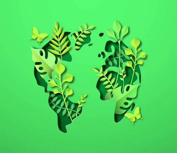 Papier Gesneden Aarde Planeet Illustratie Van Groene Wereldkaart Met Plantenblad — Stockvector