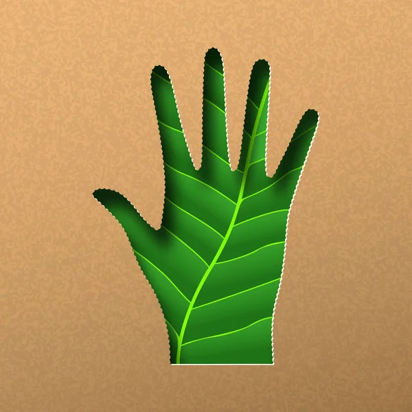 緑の紙は人間の手を植物の葉の質感で切り取ります リサイクル素材の背景に自然ケアのための現実的な3Dペーパーカットイラストコンセプト — ストックベクタ