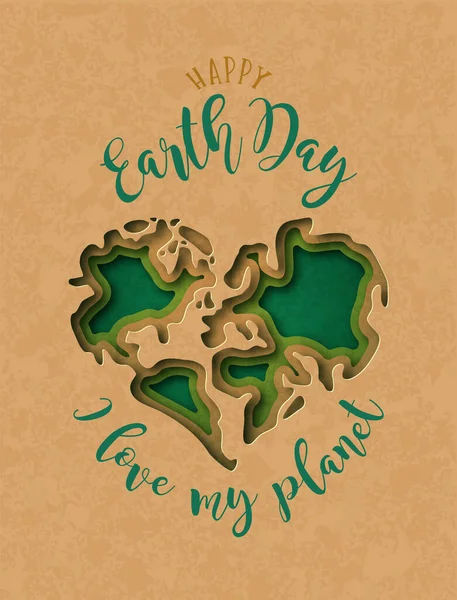 Happy Earth Day Grußkarte Illustration Von Grünen Papiergeschnittenen Herzförmigen Weltkarte — Stockvektor