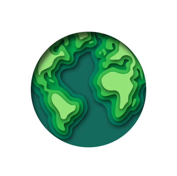 Papier Découpé Planète Terre Illustration Cercle Monde Vert Avec Carte — Image vectorielle