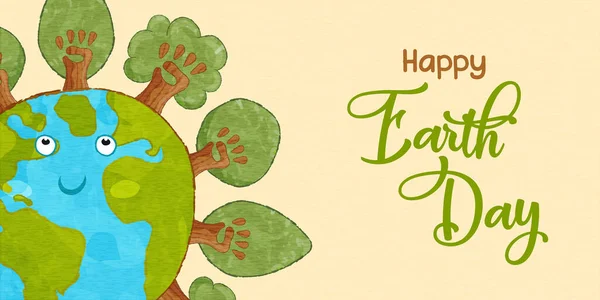 Happy Earth Day Kartka Okolicznościowa Ilustracja Cute Charakter Zielonej Planety — Wektor stockowy