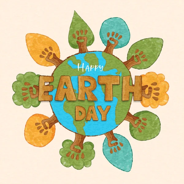 Happy Earth Day Grußkarte Illustration Grüner Baumwald Aus Menschlicher Hand — Stockvektor