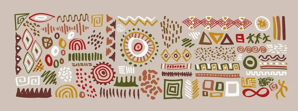 伝統的な手描きスタイルでカラフルなアフリカのアート装飾コレクション アフリカの民族文化のシンボルセットと孤立した背景に動物のプリントドドル — ストックベクタ