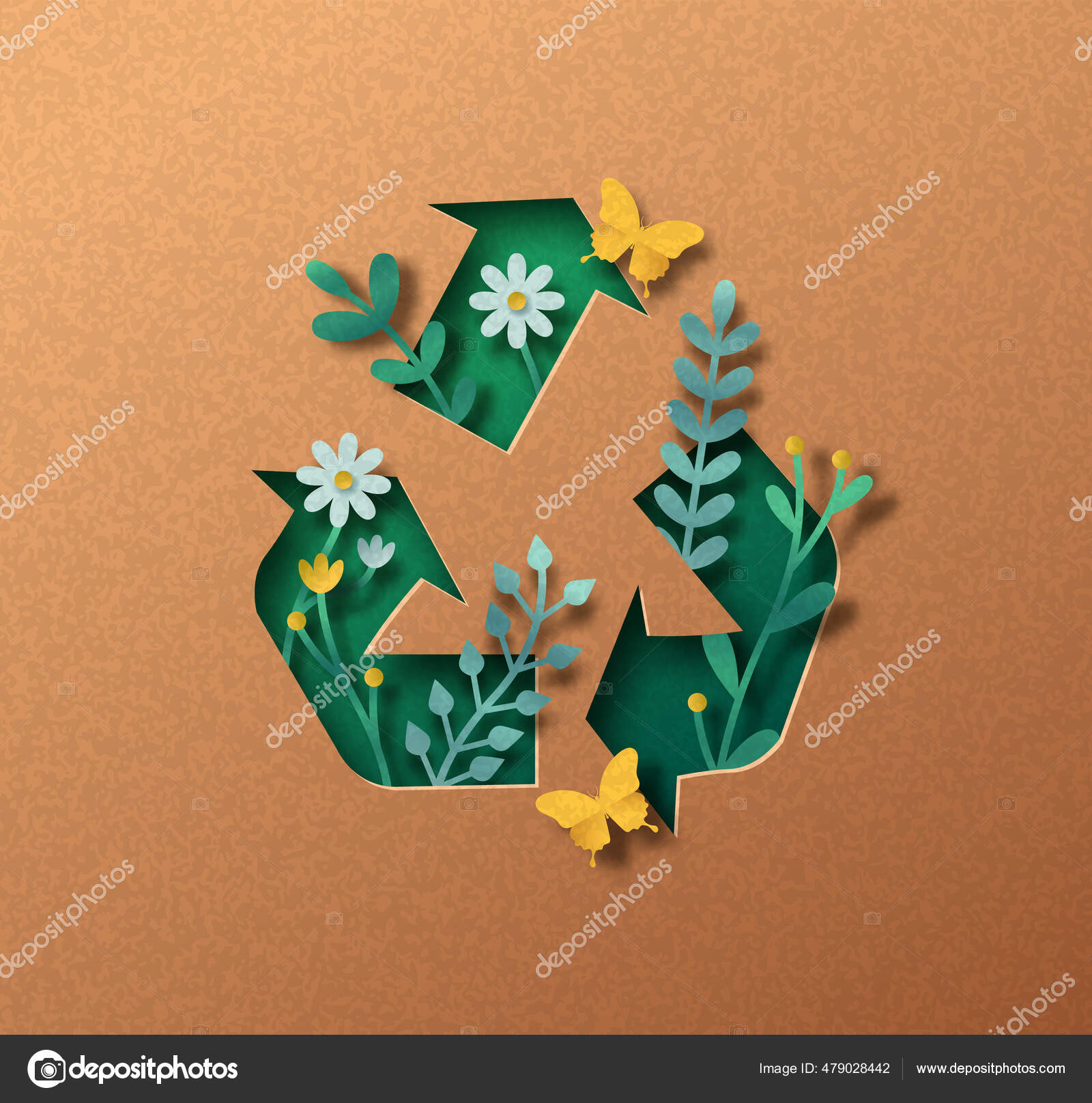 Upcycle Papercut Illustration Plant Leaf Butterfly Recycle Arrow Sign Eco Stock Vector Image by