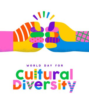 Dünya Kültürel Çeşitlilik Günü. Renkli farklı arkadaş ellerinin birlikte yumruk tokuşturma hareketi yaptığı tebrik kartı çizimi. 21 Mayıs 'ta farklı kültür bayramı etkinliği.