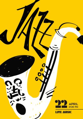 Komik saksafon enstrümanının caz müzik afişi çizimi. Gece kulübü ya da festival partisi için müzikal konser şablonu.