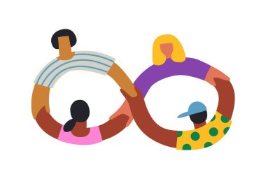 Çeşitli insanlar el ele tutuşup sonsuz bir sembol oluşturuyorlar. İşbirliği desteği ya da arkadaş takımı konsepti, izole edilmiş arka planda basit düz çizgi film çizimi.