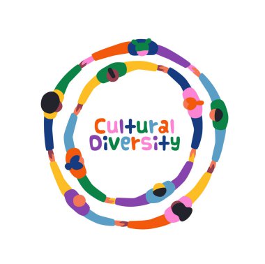 Kültürel Çeşitlilik tebrik kartı çizimi. Rengarenk çeşitlilikteki insanların el ele tutuşup büyük yuvarlak bir çember oluşturması. Farklı kültür dostu takım konsepti, 21 Mayıs bayram afişi.