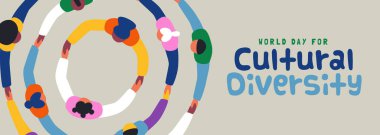 Kültürel Çeşitlilik için Dünya Günü web pankartı renkli çeşitlilikteki insanların el ele tutuşup büyük yuvarlak bir çember oluşturdukları illüstrasyon. Farklı kültür dostu takım konsepti, 21 Mayıs tatili.