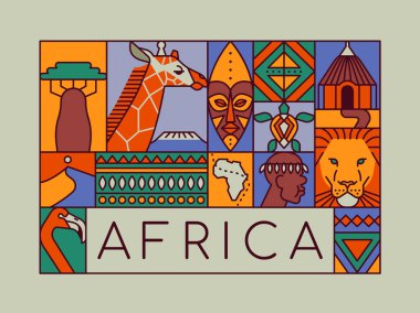 Africa continent culture illustration concept. African travel design or ethnic celebration background of flat cartoon animal and lifestyle decoration in modern outline style. clipart