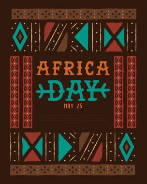 Afrika Günü tebrik kartı resimli renkli el çizimi kabile sanatı. Geleneksel Afrika kültürü 25 Mayıs için şenlikli ulusal özgürlük metniyle süslendi.