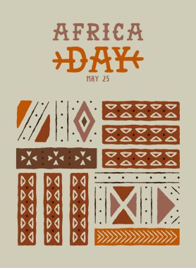 Afrika Günü tebrik kartı illüstrasyonları, geleneksel eski kabile sanat ikonlarından yapılmış renkli Afrikalı şekilli arka plan. 25 olay özgürlük kutlamaları için tasarlanabilir.