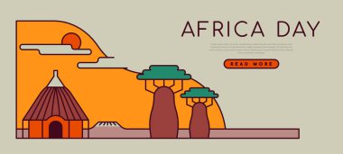 Afrika Günü web sitesinde, çamur ev ve baobab ağacı ile geleneksel Afrika manzarasının bir tasviri yer alıyor. Düz çizgi film, 25 Mayıs 'ta özgürleşme tatili için moda sanat tasarımı.