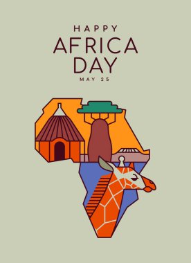 Afrika Günü, geleneksel Afrika kültürünün harita şeklindeki resimlerini gösteren tebrik kartı. Modern düz çizgi film tarzı. Çamur evi, zürafa ve baobab ağacı da dahil..