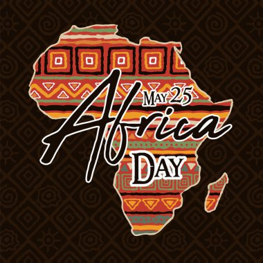 Afrika Günü tebrik kartı illüstrasyonu 25 kişinin özgürlüğünü kutlayabilir. Geleneksel etnik sanat dekorasyonundan yapılmış renkli Afrika kıta haritası..
