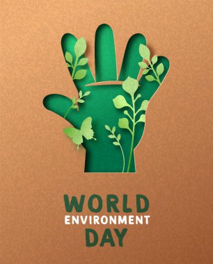 Dünya Çevre Günü kağıt kesimi tebrik kartı illüstrasyonunda yeşil insanların el sembolü ve üç boyutlu kağıt işçiliği doğa dekorasyonu. 5 Haziran Ekoloji Bakım Kutlaması.