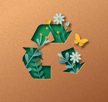 Geri dönüşüm işaretinin içinde bitki yaprağı ve kelebek olan bir kağıt kesiği çizimi. Çevre dostu geri dönüşüm sembolü, sıfır atık kavramı. DIY ekolojisi için geri dönüştürülmüş kağıt arka planında 3B kesme.