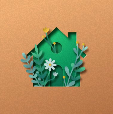 İçinde yeşil yaprak ve çiçek bahçesi olan Eco House kağıt kesimi illüstrasyon konsepti. Geri dönüşümlü kağıt arka planda 3 boyutlu temiz enerji ev kesme aracı. Sürdürülebilir mimari veya gayrimenkul tasarımı.