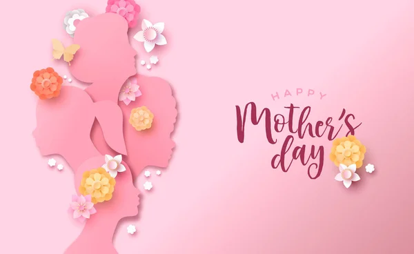 Anneler Günü Tebrik Kartı Çizimi Kağıt Kesim Tarzında Kağıt Çiçekler — Stok Vektör