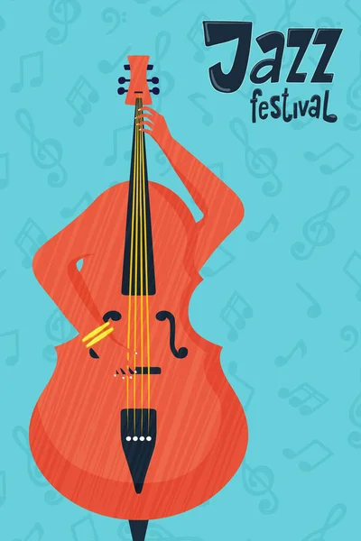 Caz Festivali Karikatür Çello Müzik Enstrümanının Müzikal Nota Arkaplanıyla Kendini — Stok Vektör