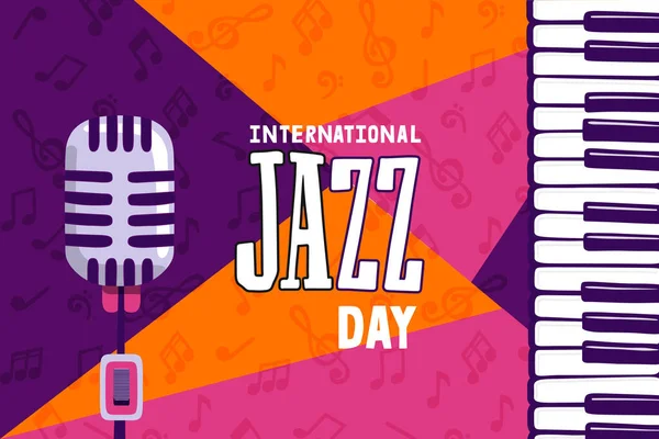 4月30日爵士音乐日 Jazz Day 为音乐会或节庆活动提供带话筒的现代钢琴关键背景图 — 图库矢量图片