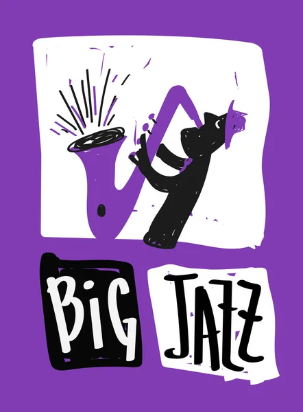 Big Jazz Poster Illustration Eines Bandspielers Mit Saxophon Instrument Retro — Stockvektor