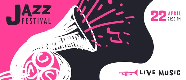 Caz Müziği Web Pankartıyla Çizilmiş Komik Saksafon Enstrümanı Çizimi Gece — Stok Vektör
