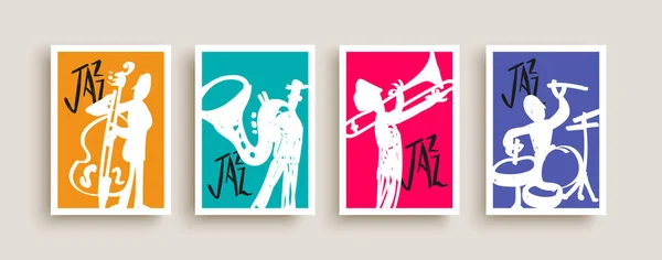 Jazz Zenekar Tagjai Poszter Illusztráció Készlet Színes Firka Rajzfilm Zenei — Stock Vector