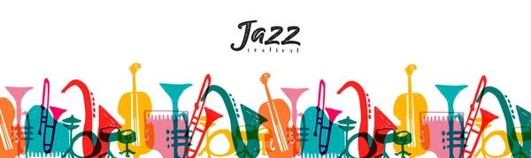 Веб Баннер Джазового Фестиваля Искушает Иллюстрировать Разноцветный Карикатурный Музыкальный Инструмент — стоковый вектор
