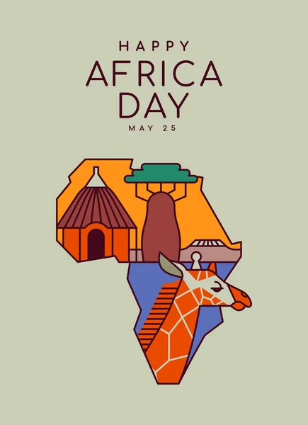 アフリカの日の挨拶カード地図の形で伝統的なアフリカ文化の装飾のイラスト モダンなフラットアウトライン漫画スタイル 泥の家 キリンやバオバブの木が含まれています — ストックベクタ