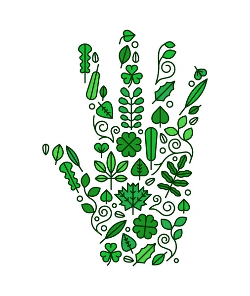 Open Human Hand Made Flat Line Green Leaf Icons Isolated — Stock Vector