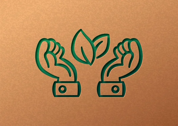 緑のビジネスマンは 植物の葉と紙切りイラストを手 環境に優しい人々のライフスタイル 自然とのつながりや環境の概念 再生紙の背景に3Dカットアウト — ストックベクタ