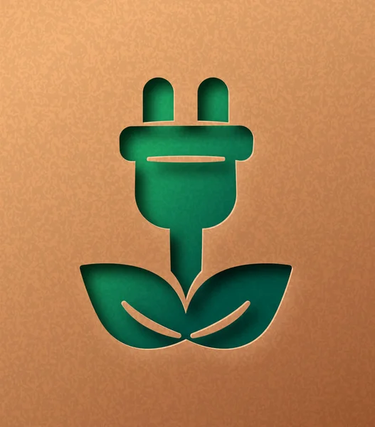 Groene Technologie Papercut Illustratie Met Plant Blad Draad Plug Milieuvriendelijk — Stockvector