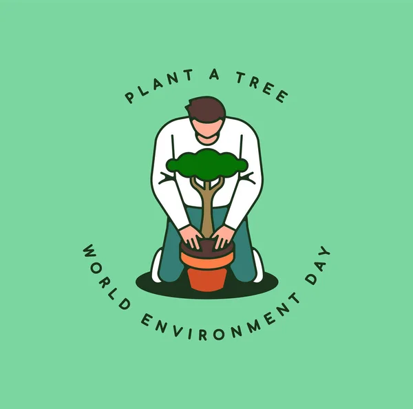 Dia Mundial Meio Ambiente Ilustração Cartão Saudação Homem Personagem Plantio —  Vetores de Stock