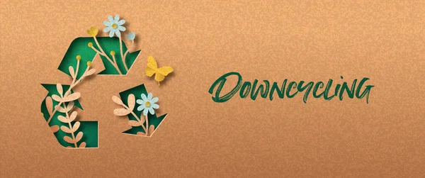 Downcycle Papercut Banner Met Plantenblad Vlinder Binnen Recycle Pijl Teken — Stockvector