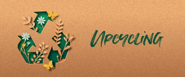 Banner Corte Papel Upcycle Con Hoja Planta Mariposa Dentro Flecha — Vector de stock