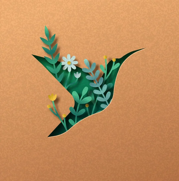 Illustrationskonzept Für Wildvogel Tier Papierschnitt Mit Grünem Blatt Und Blumengarten — Stockvektor