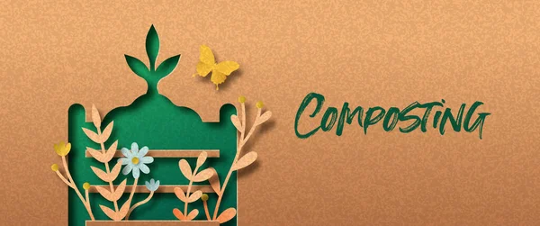 Compostaje Papel Banner Concepto Ilustración Con Hojas Plantas Verdes Flores — Archivo Imágenes Vectoriales