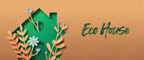 Eco House Papercut Illustration Banner Mit Grünem Blatt Und Blumengarten — Stockvektor