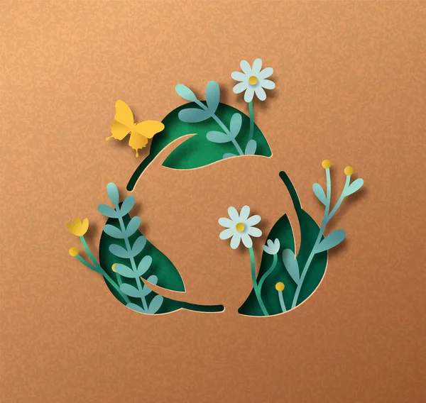 Biodegradável Folha Sinal Papercut Ilustração Conceito Com Folhas Plantas Verdes — Vetor de Stock