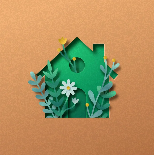 Ecoco House Papercut 삽화의 에너지 집에서 재활용 배경으로 우주선을 합니다 — 스톡 벡터