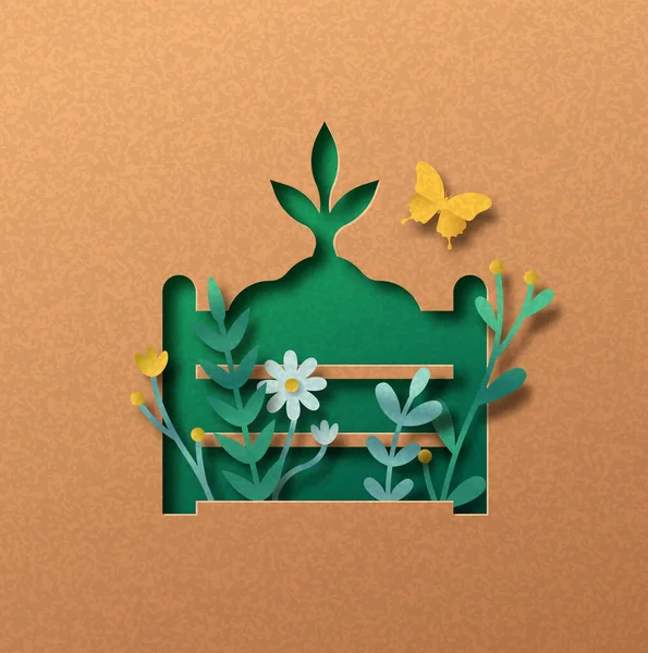 用绿色植物叶子和花园花朵堆肥纸片图解概念 再生纸背景下三维堆肥切割工艺设计 — 图库矢量图片