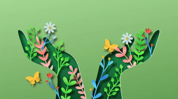 Gente Verde Mano Papel Cortado Ilustración Con Hojas Plantas Jardín — Archivo Imágenes Vectoriales