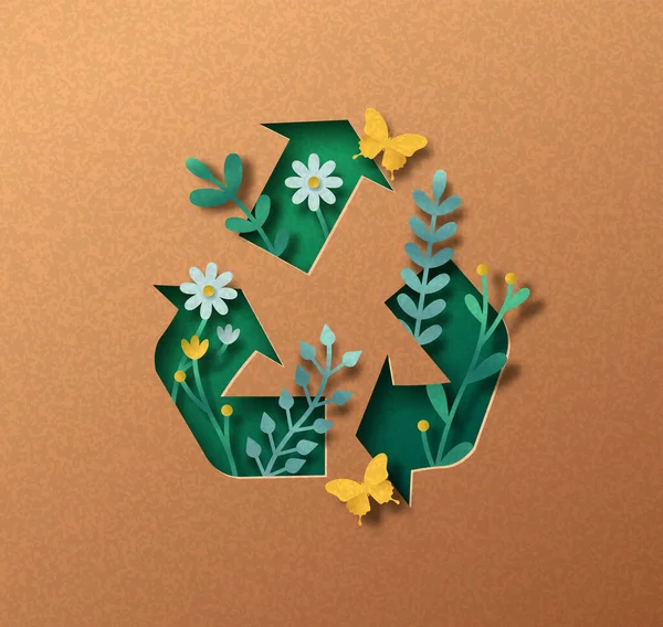 リサイクル矢印の中に植物の葉や蝶とアップサイクル紙切りイラスト 環境に優しいアップサイクルシンボル ゼロ廃棄物の概念 Diy生態系のための再生紙の背景に3Dカットアウト — ストックベクタ