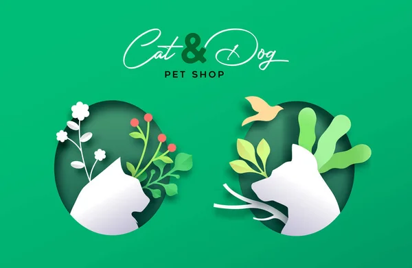 Tienda Mascotas Cat Dog Banner Papel Ilustración Animales Artesanales Corte — Vector de stock