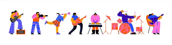 Set Diverse Young People Playing Different Musical Instruments Isolated White — Stock Vector