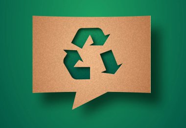 Downcycle kağıt kesiği illüstrasyonu, geri dönüşüm ok işareti. Çevre dostu geri dönüşüm sembolü, sıfır atık kavramı. DIY ekolojisi için geri dönüştürülmüş sohbet balonu kağıt arka planında 3B kesme.